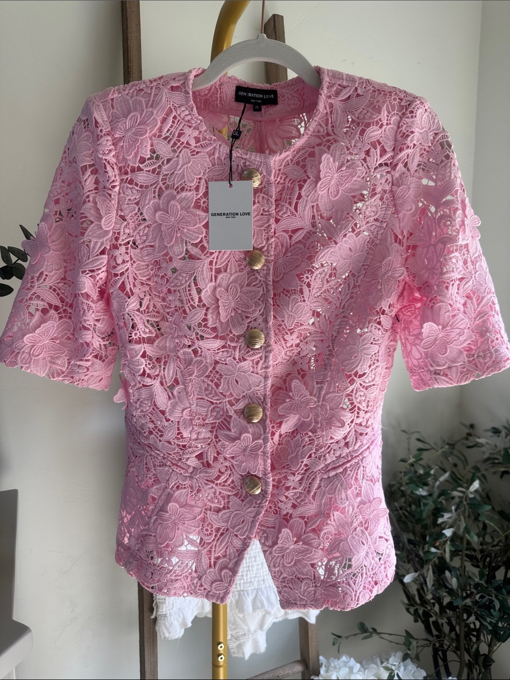 Generation Love Pink Floral Lace Jacket with Gold Buttons